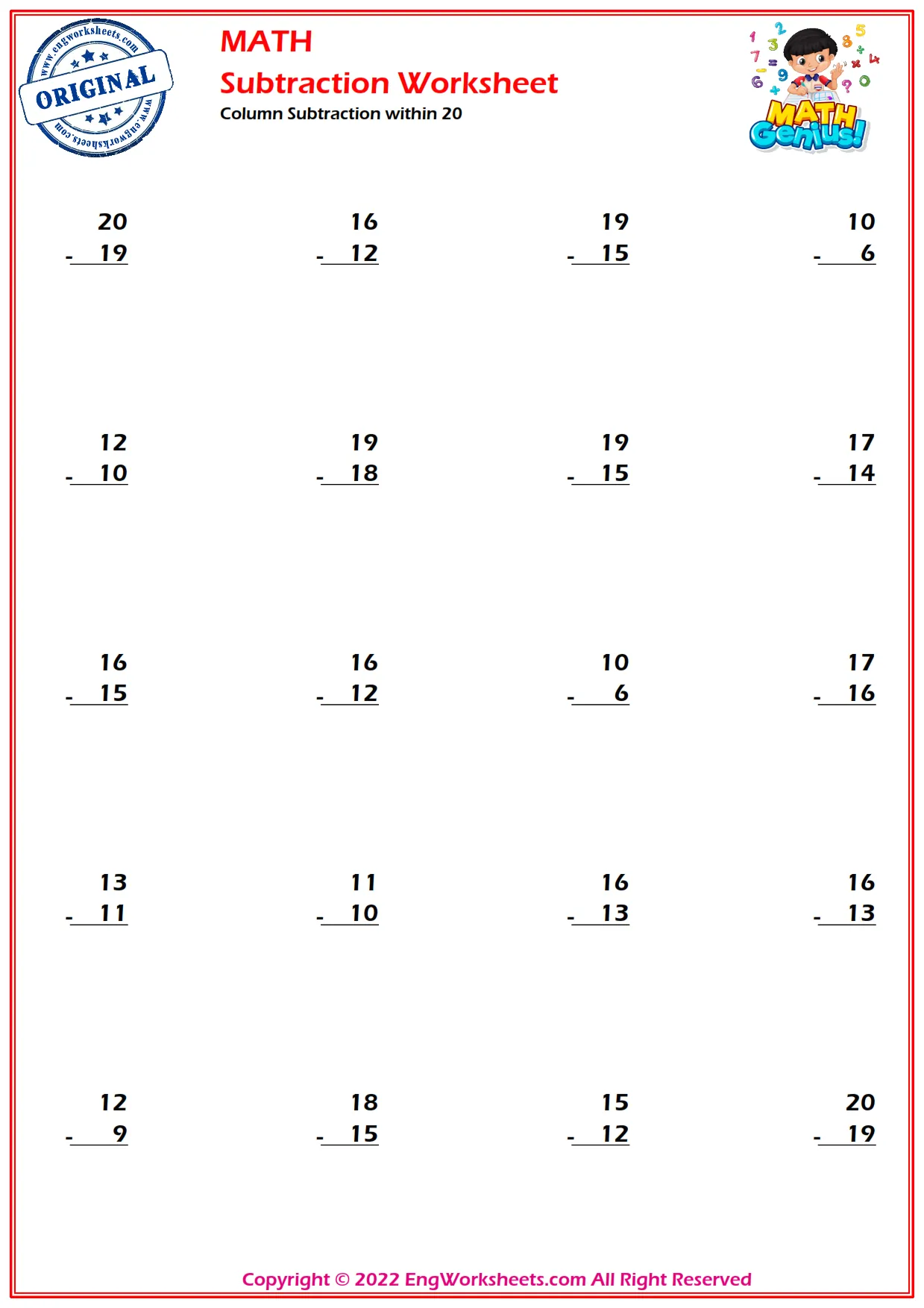 Column Subtraction within 20