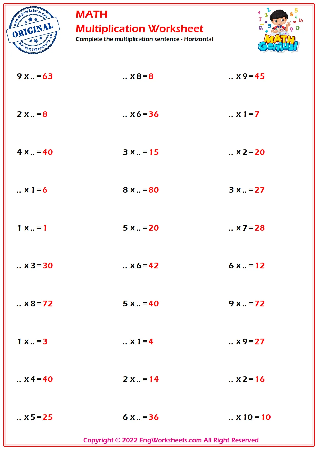 Complete the multiplication sentence - Horizontal