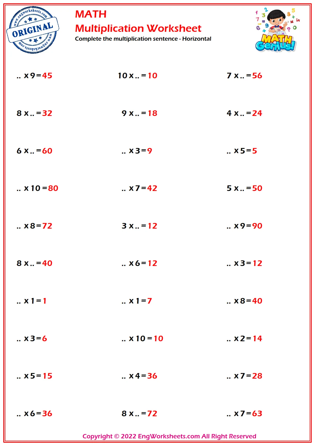 Complete the multiplication sentence - Horizontal