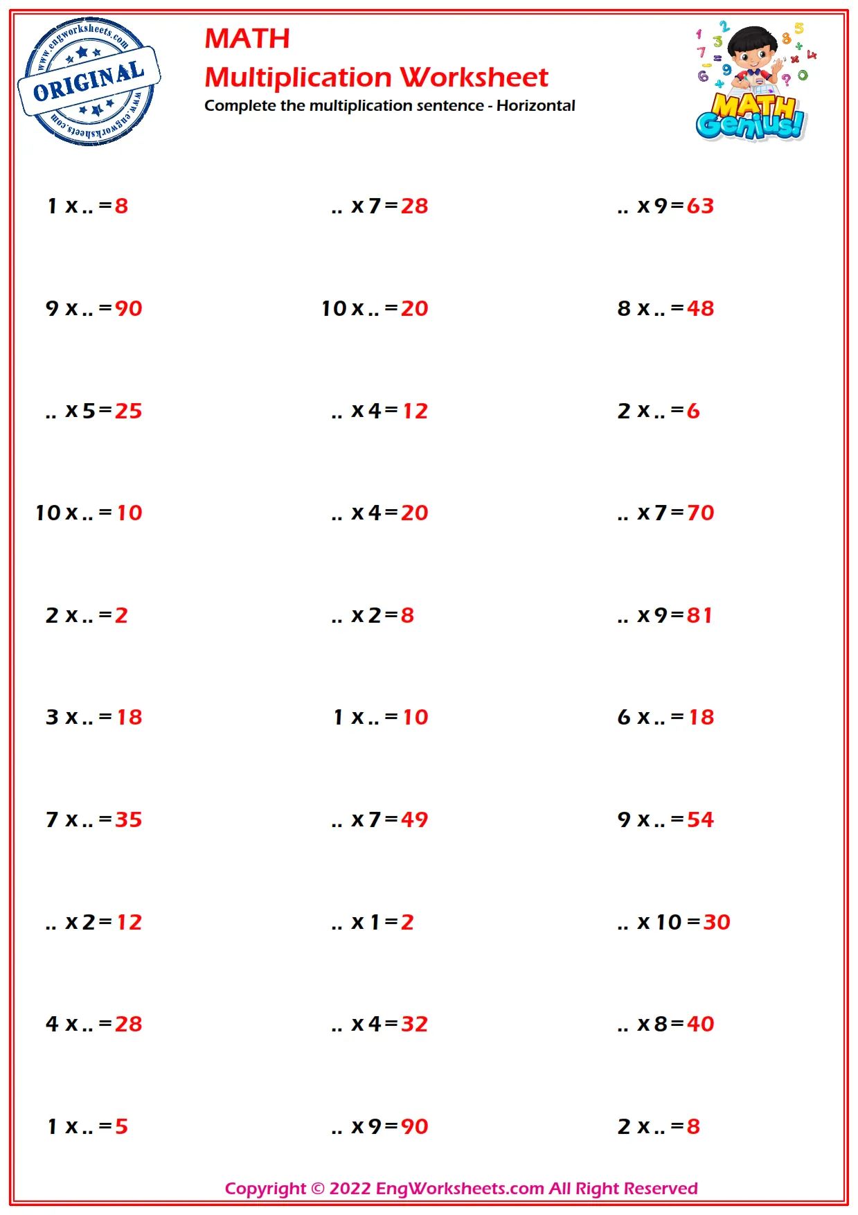 Complete the multiplication sentence - Horizontal