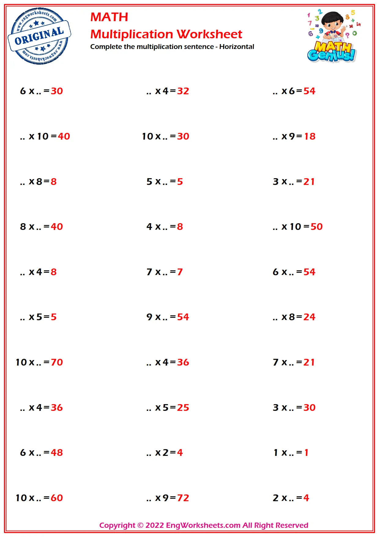 Complete the multiplication sentence - Horizontal