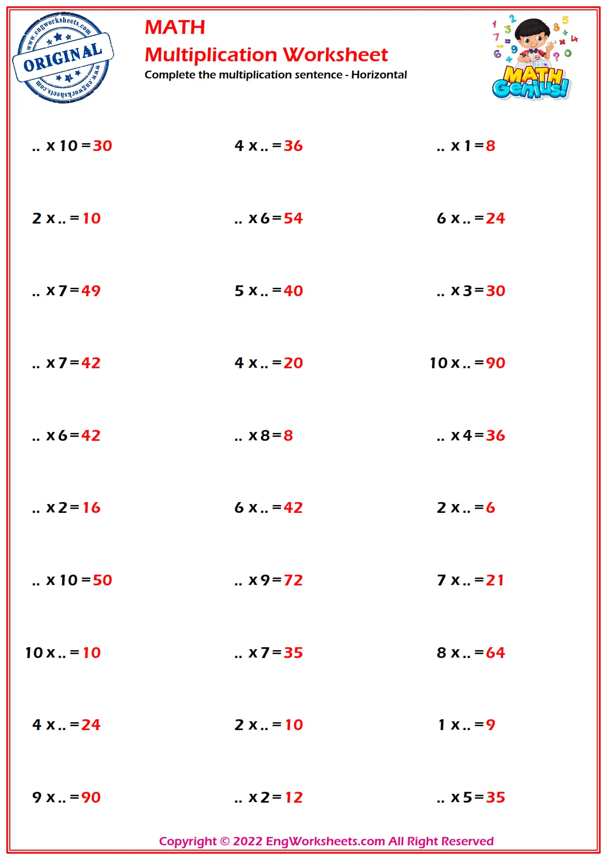 Complete the multiplication sentence - Horizontal