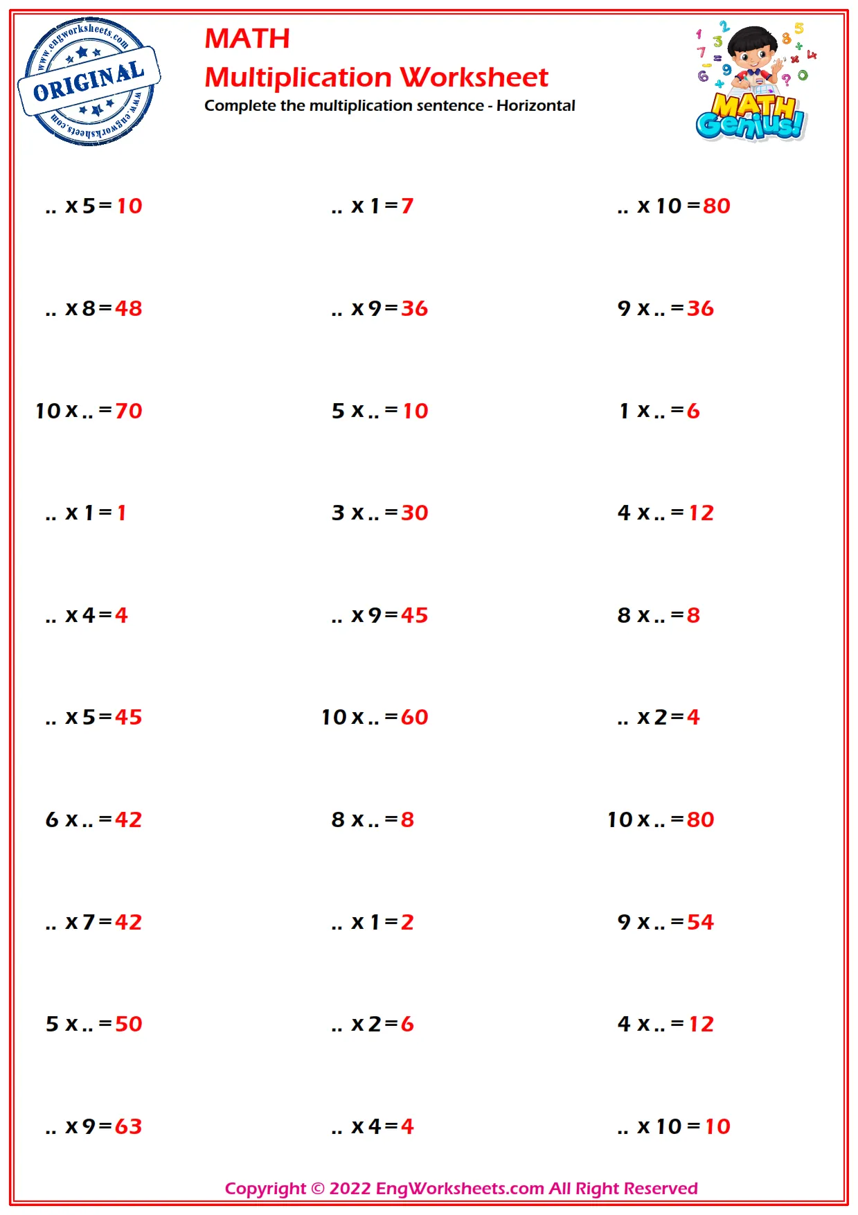 Complete the multiplication sentence - Horizontal