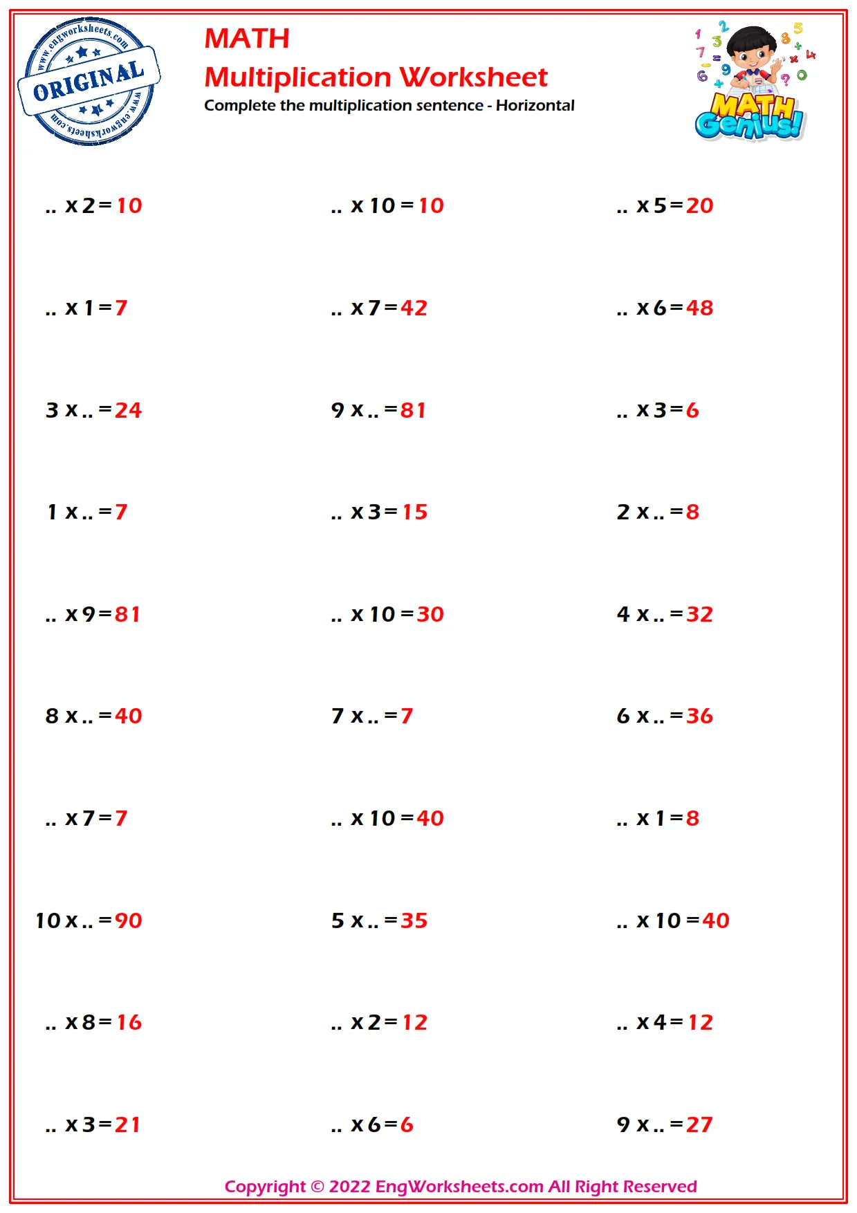 Complete the multiplication sentence - Horizontal