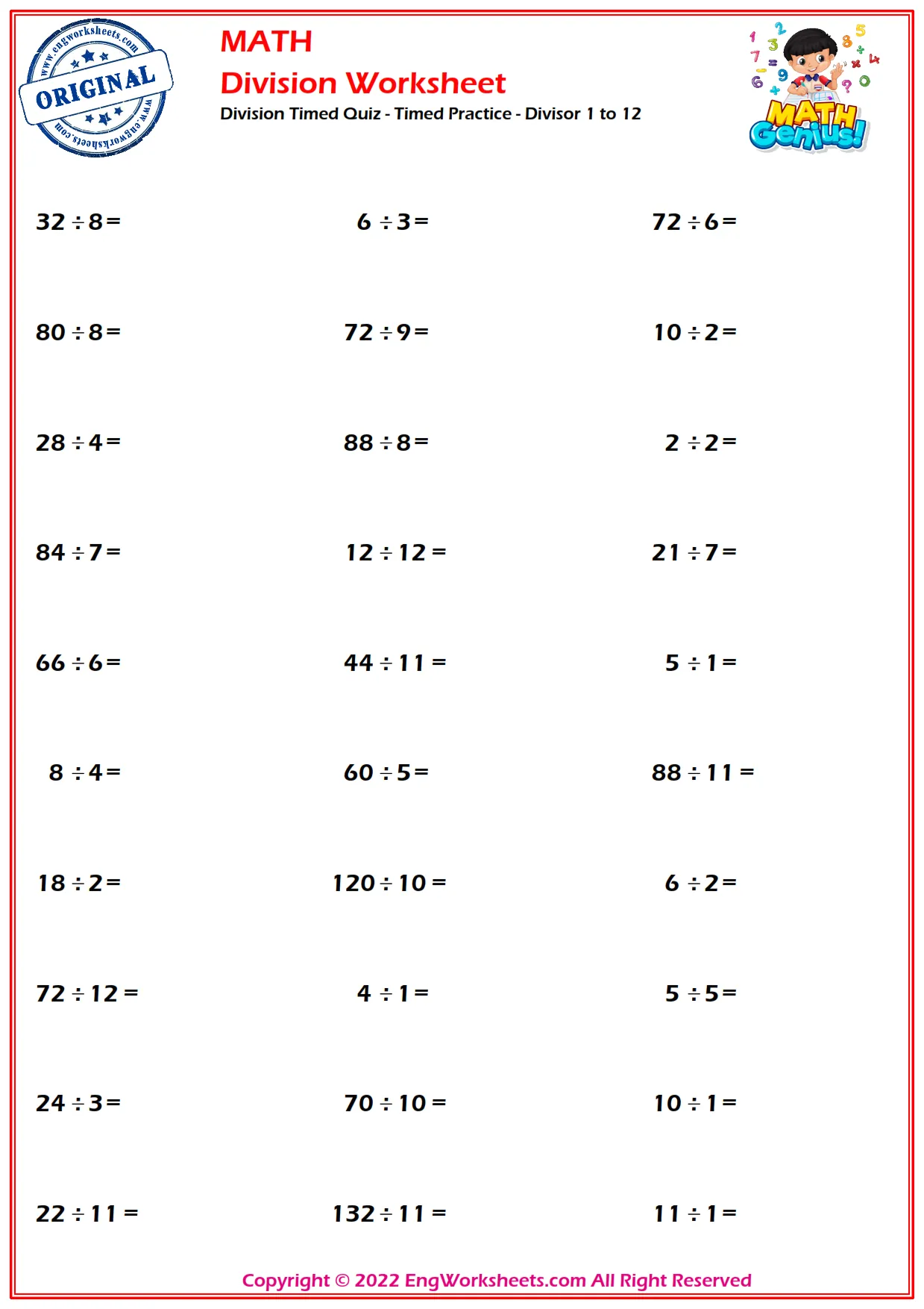 Division Timed Quiz - Timed Practice - Divisor 1 to 12