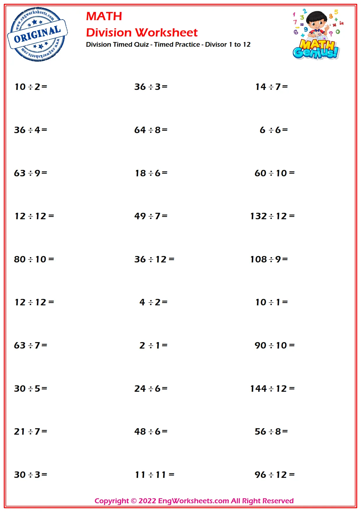 Division Timed Quiz - Timed Practice - Divisor 1 to 12