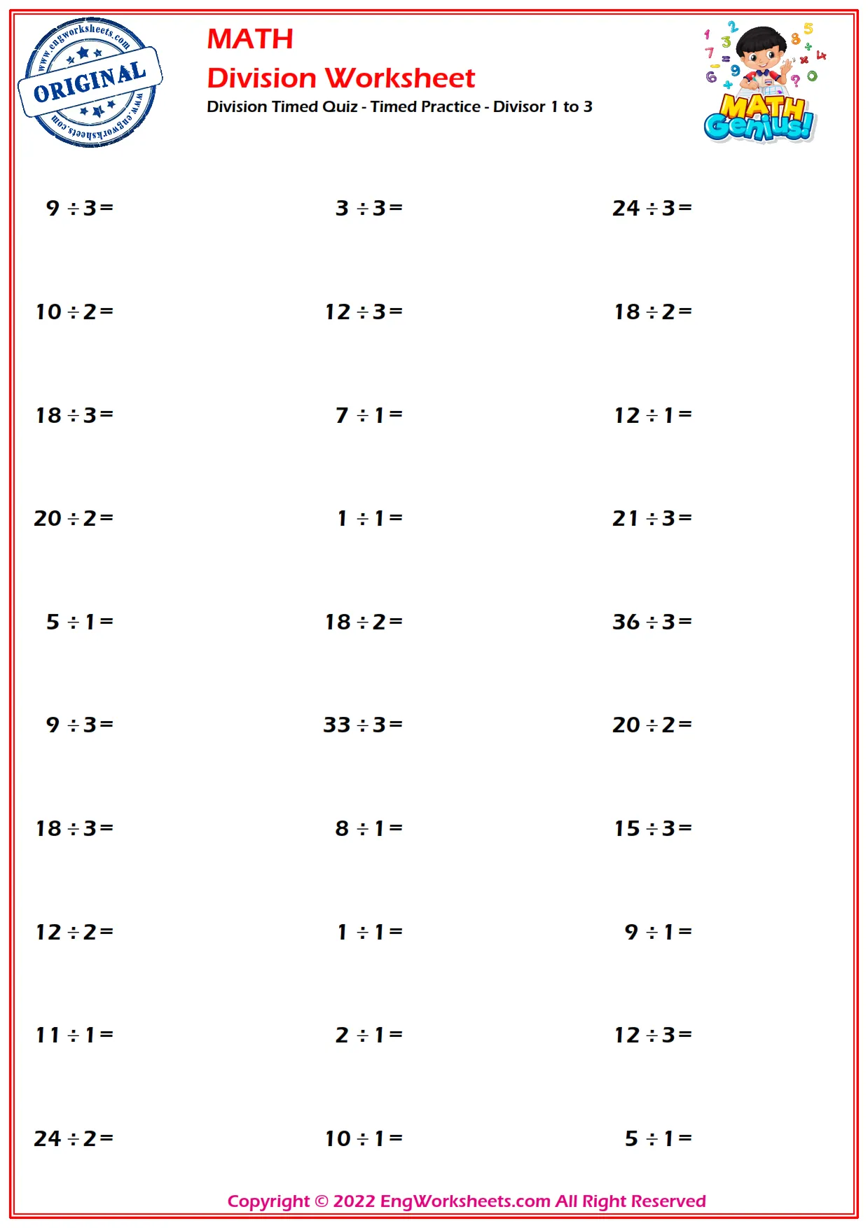 Division Timed Quiz - Timed Practice - Divisor 1 to 3