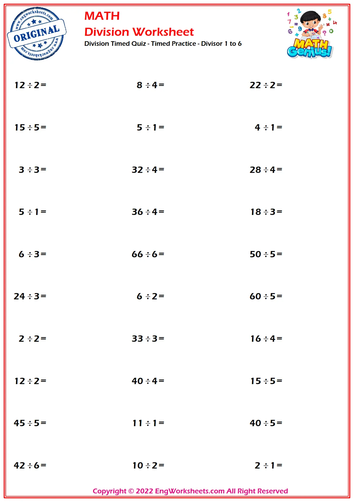 Division Timed Quiz - Timed Practice - Divisor 1 to 6