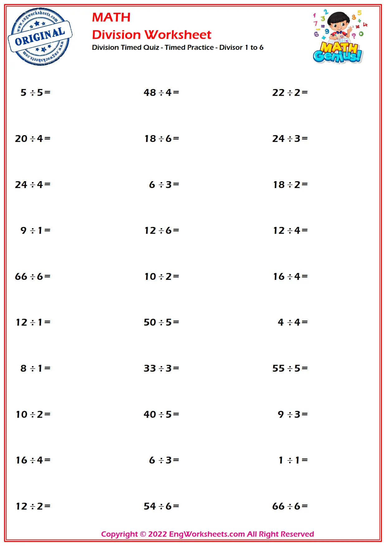 Division Timed Quiz - Timed Practice - Divisor 1 to 6