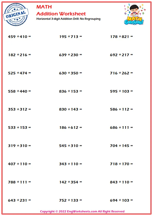 Horizontal 3-digit Addition Drill: No Regrouping