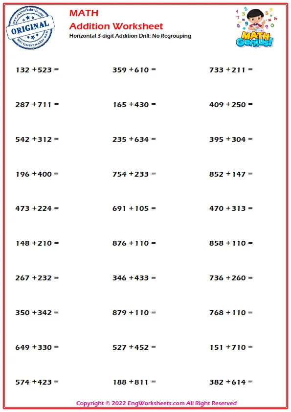 Horizontal 3-digit Addition Drill: No Regrouping