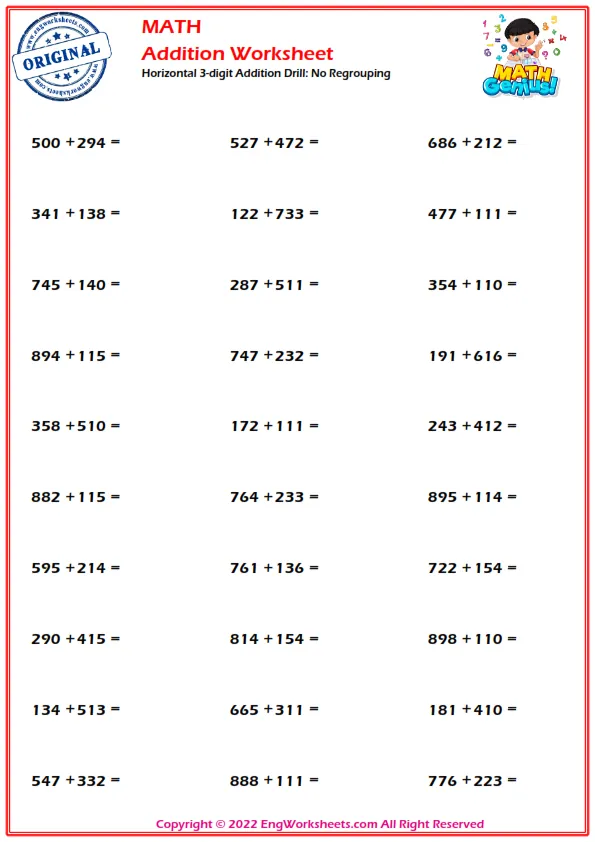 Horizontal 3-digit Addition Drill - No Regrouping