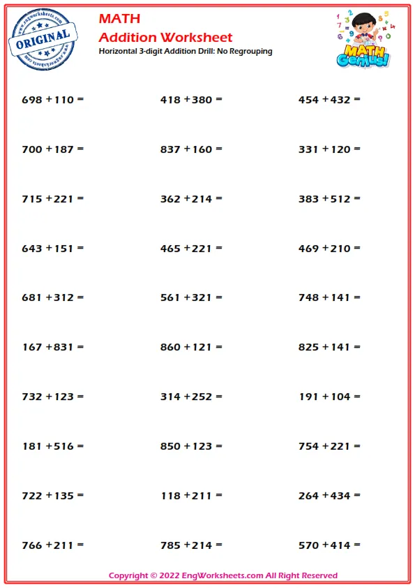 Horizontal 3-digit Addition Drill: No Regrouping