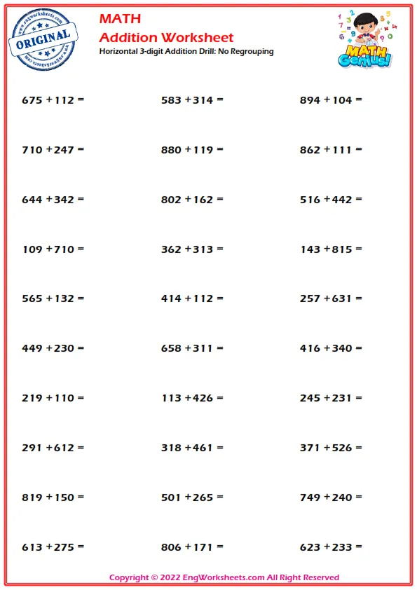Horizontal 3-digit Addition Drill: No Regrouping