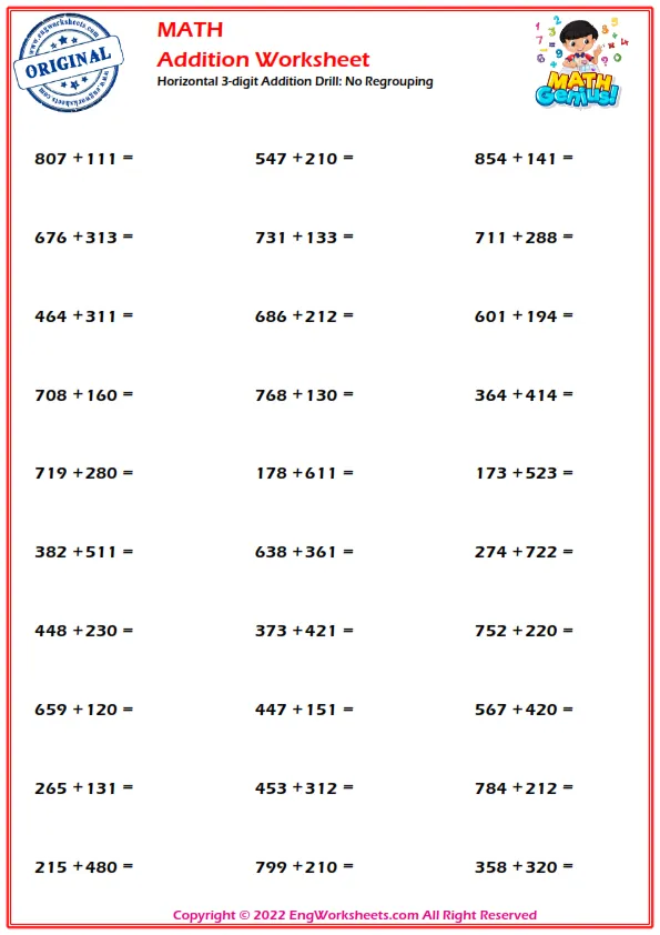 Horizontal 3-digit Addition Drill: No Regrouping