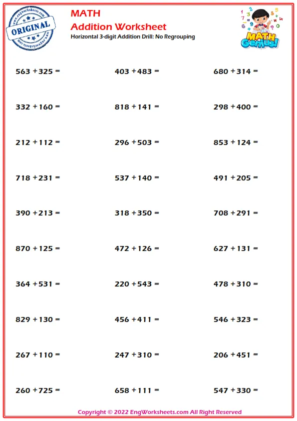 Horizontal 3-digit Addition Drill: No Regrouping