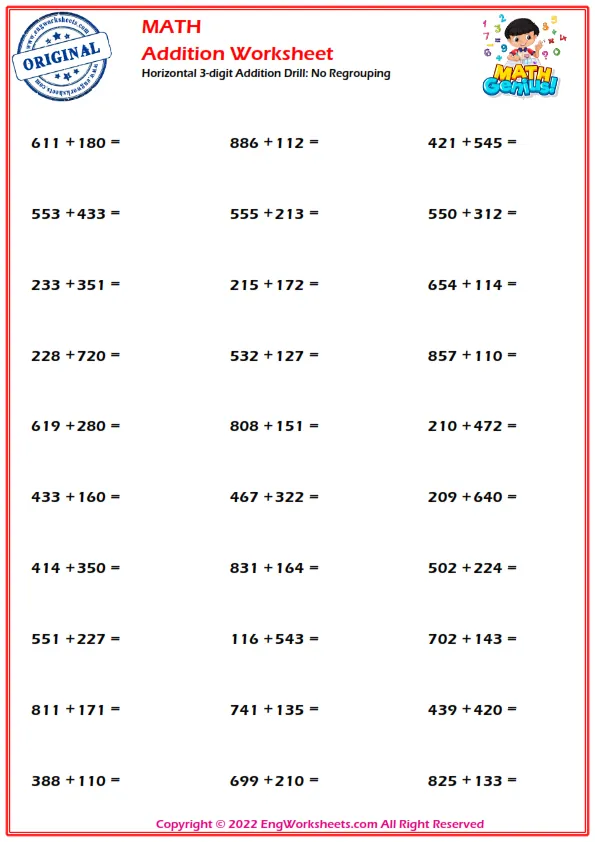 Horizontal 3-digit Addition Drill: No Regrouping
