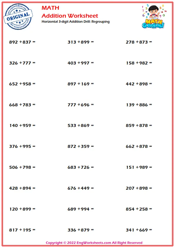 Horizontal 3-digit Addition Drill: Regrouping