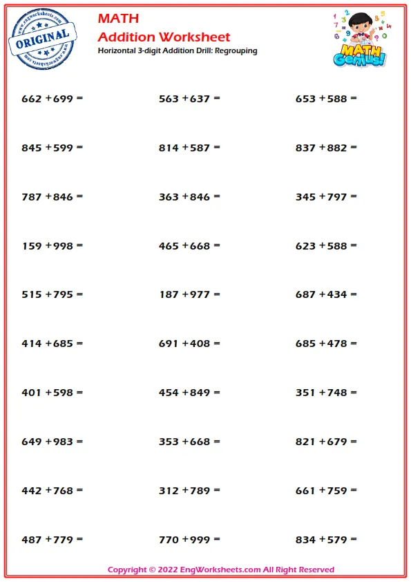 Horizontal 3-digit Addition Drill: Regrouping