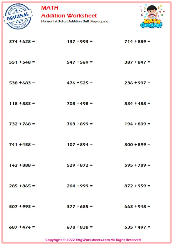Horizontal 3-digit Addition Drill: Regrouping