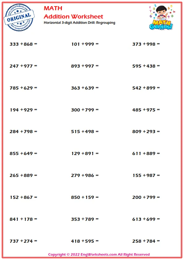 Horizontal 3-digit Addition Drill: Regrouping