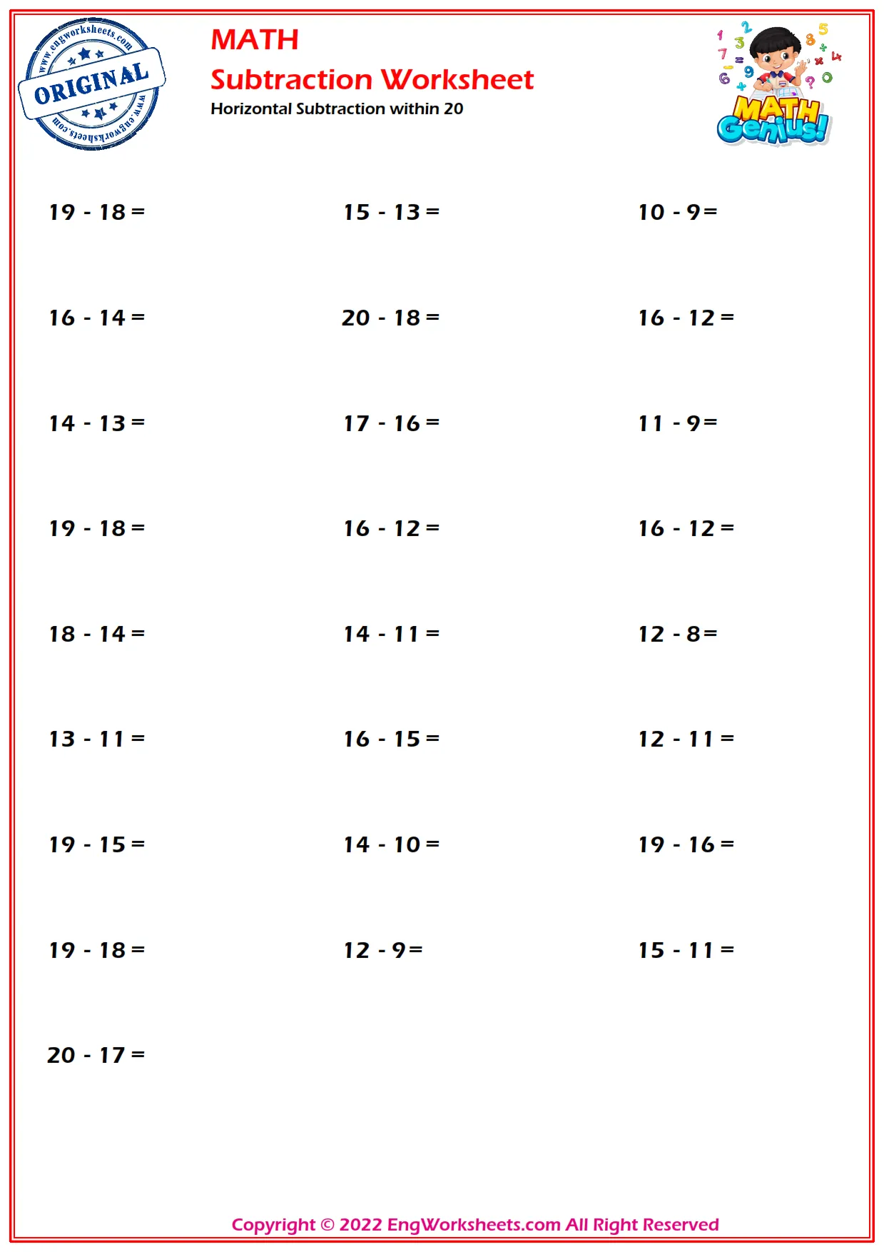Horizontal Subtraction within 20