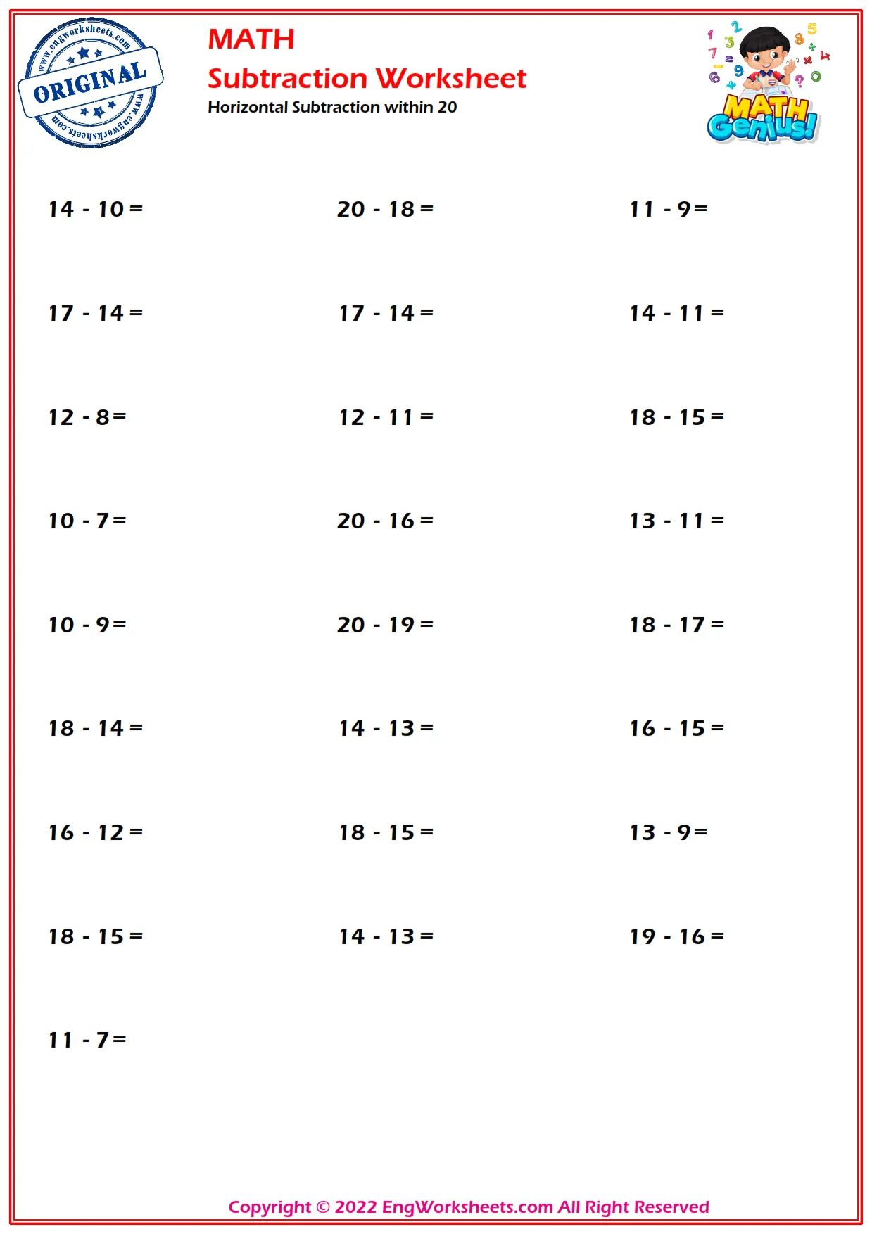Horizontal Subtraction within 20