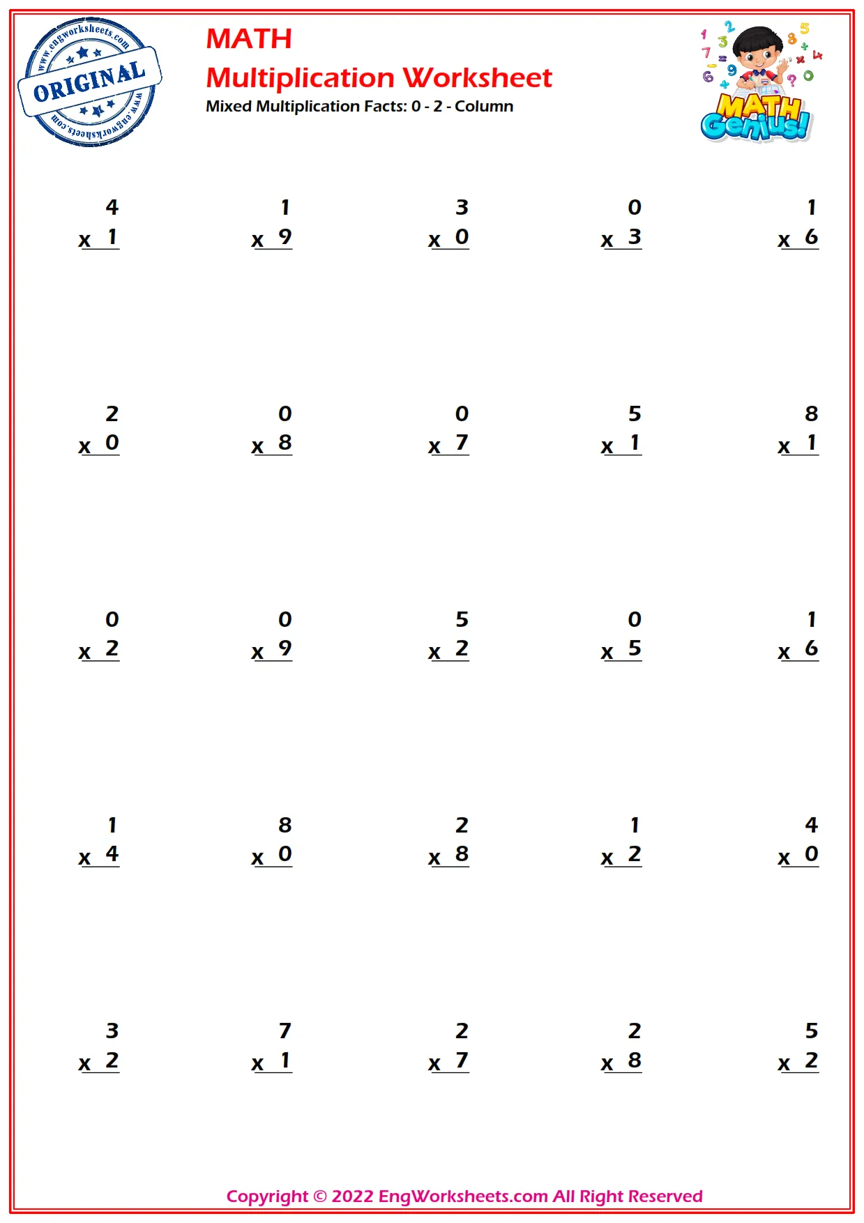 Mixed Multiplication Facts: 0 - 2 - Column