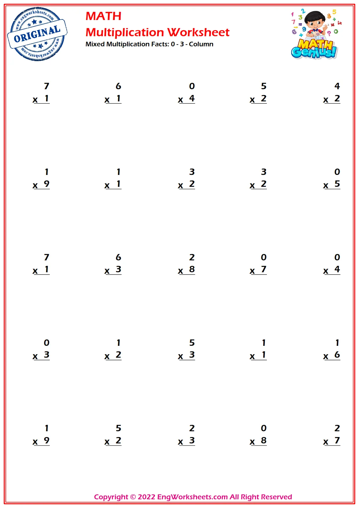 Mixed Multiplication Facts: 0 - 3 - Column