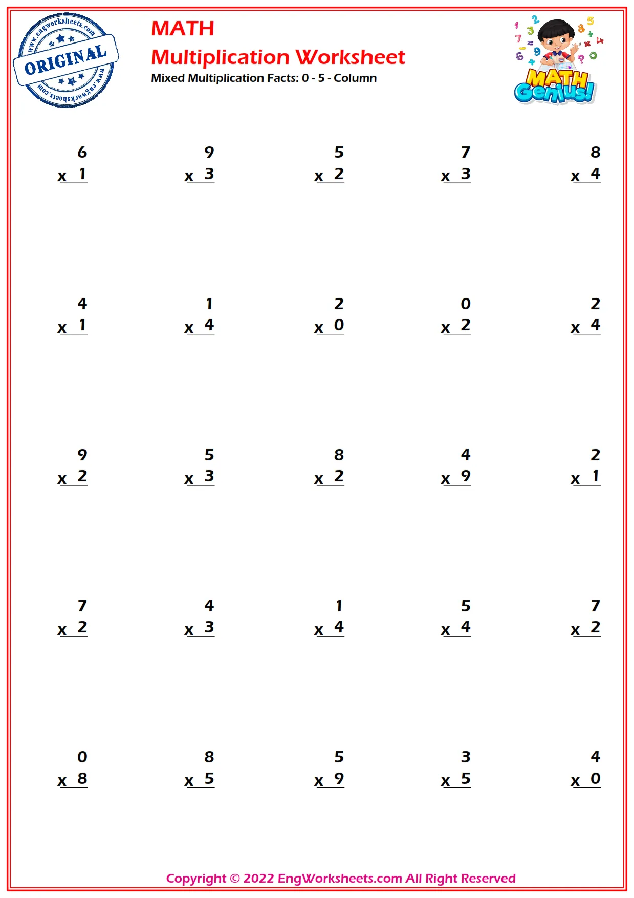 Mixed Multiplication Facts: 0 - 5 - Column