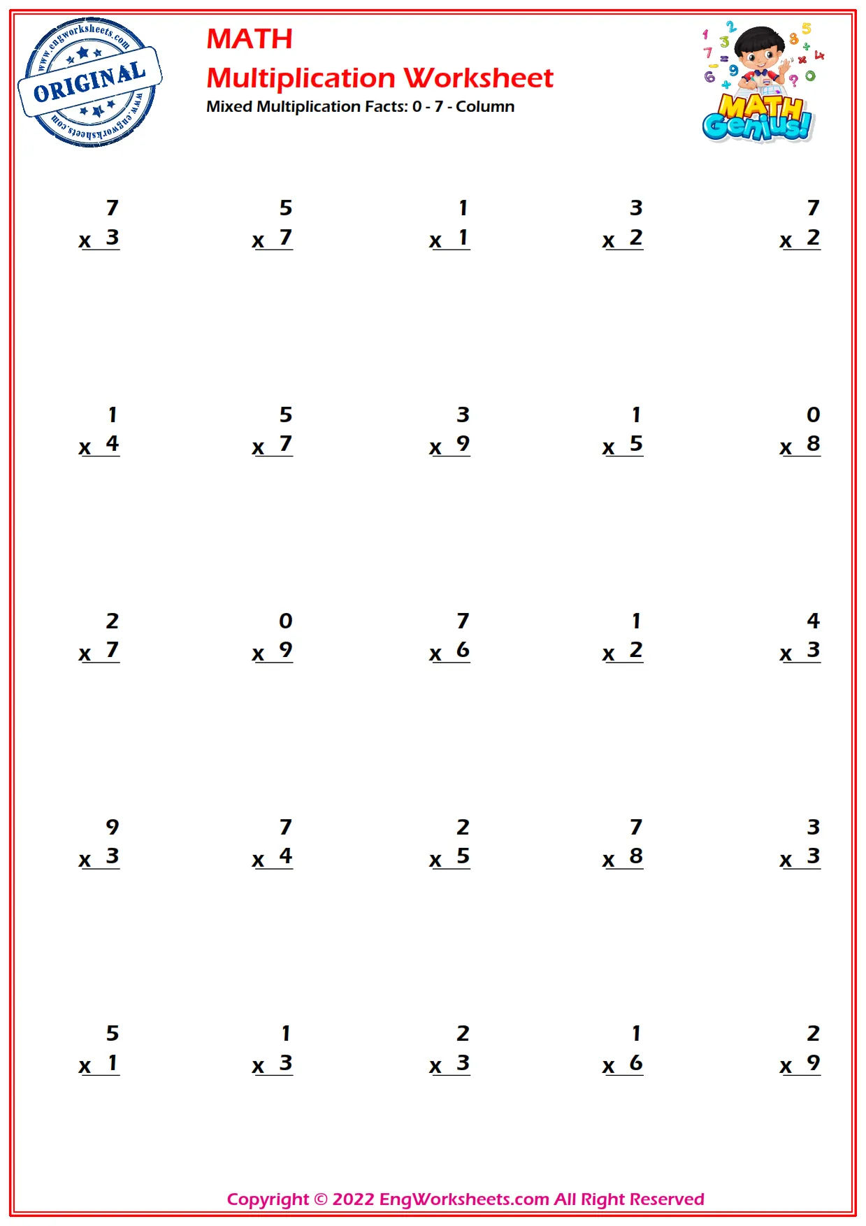 Mixed Multiplication Facts: 0 - 7 - Column