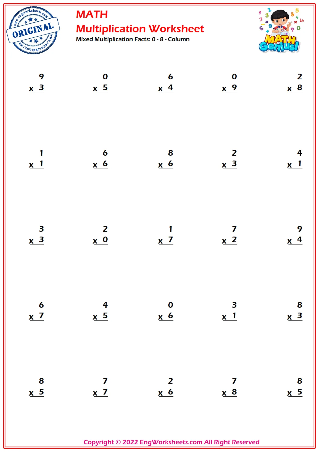Mixed Multiplication Facts: 0 - 8 - Column