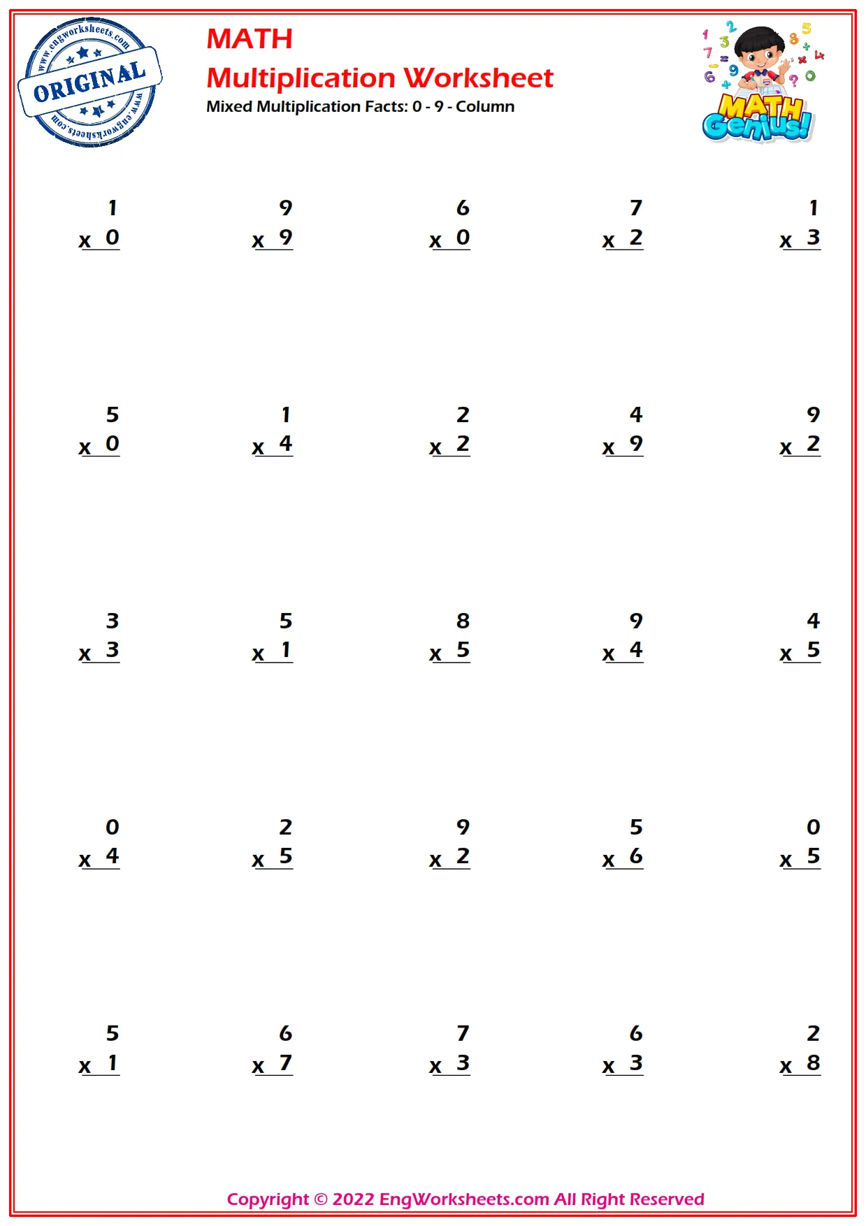 Mixed Multiplication Facts: 0 - 9 - Column