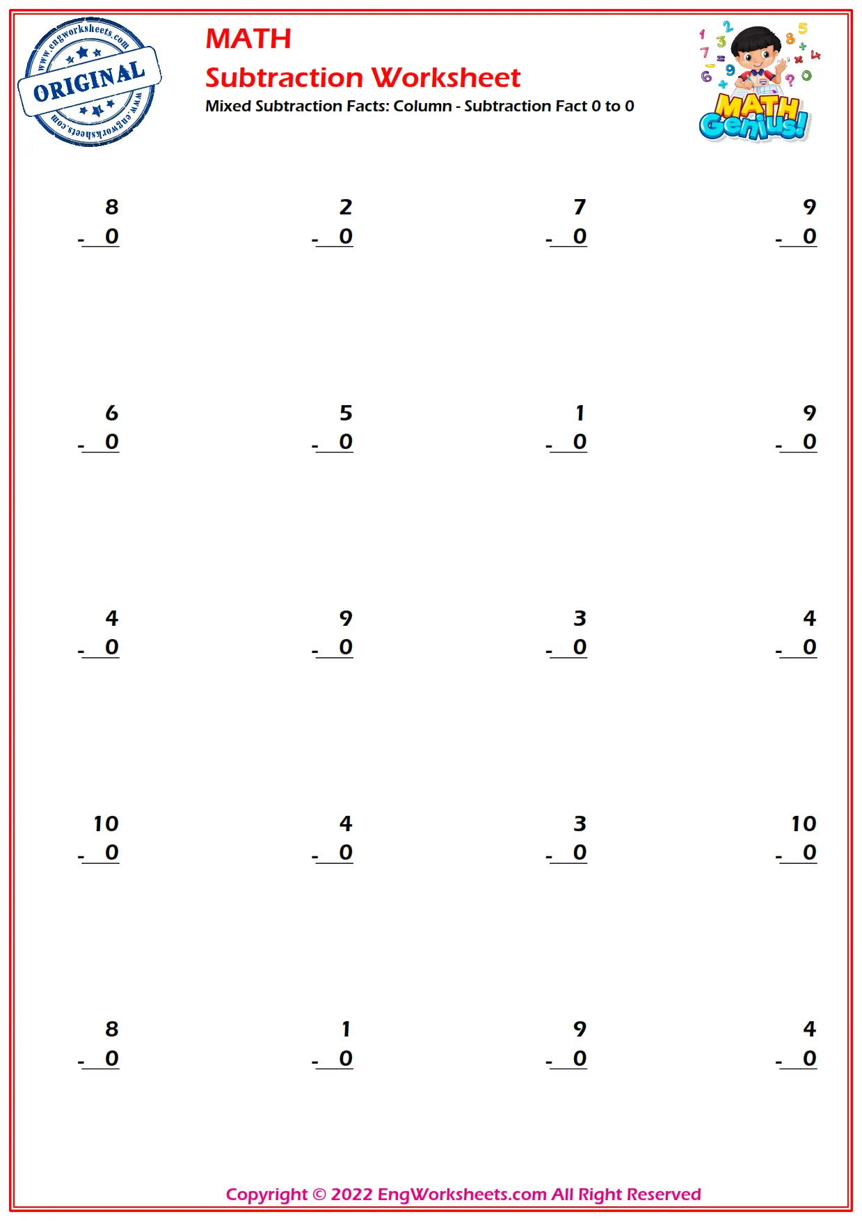 Mixed Subtraction Facts: Column - Subtraction Fact 0 to 0