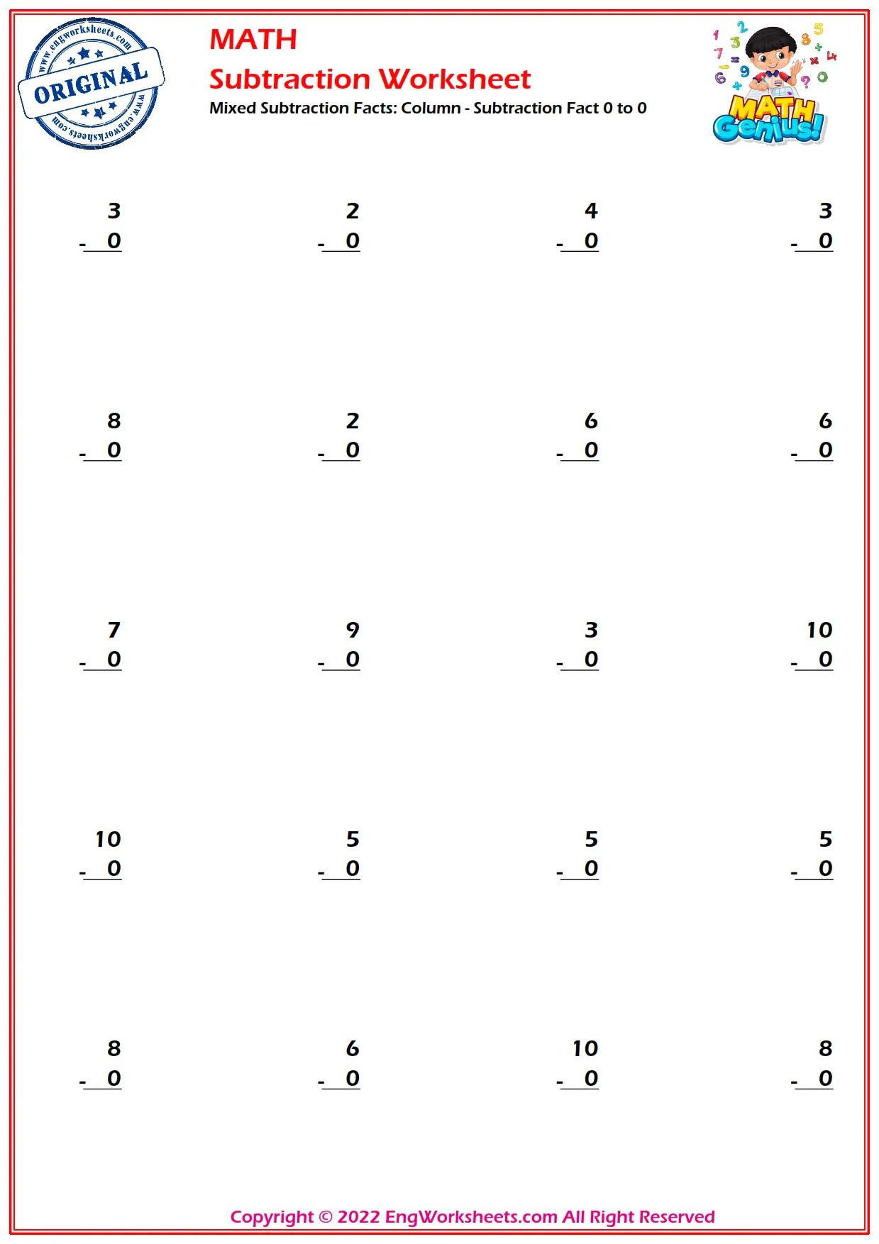 Mixed Subtraction Facts: Column - Subtraction Fact 0 to 0