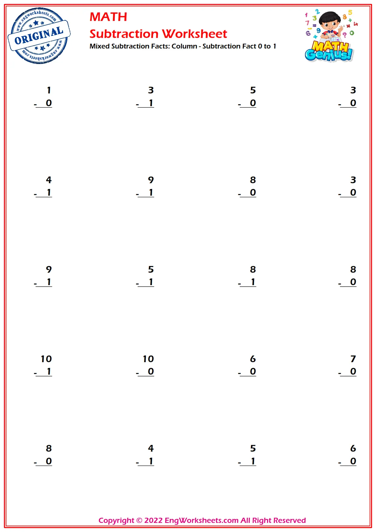 Mixed Subtraction Facts: Column - Subtraction Fact 0 to 1