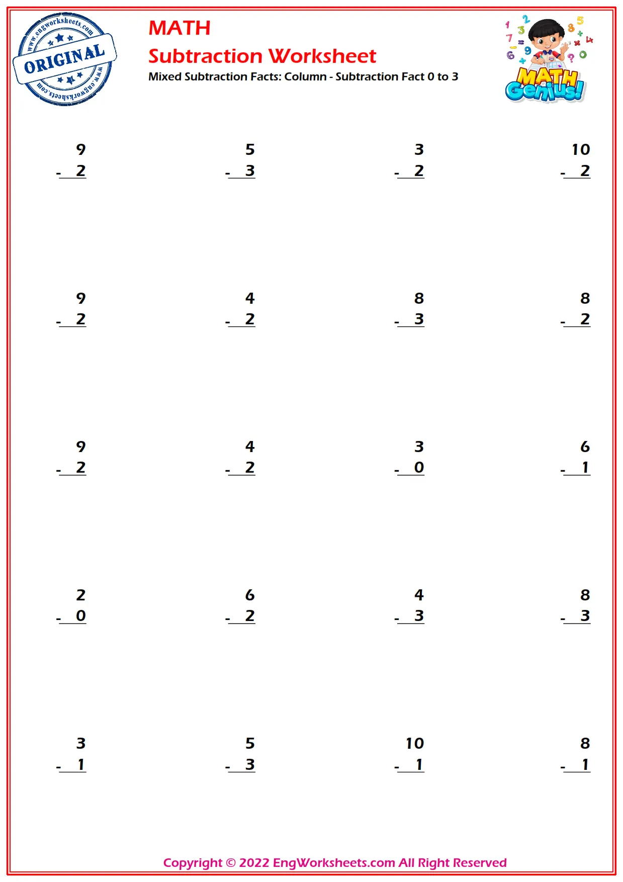 Mixed Subtraction Facts: Column - Subtraction Fact 0 to 3
