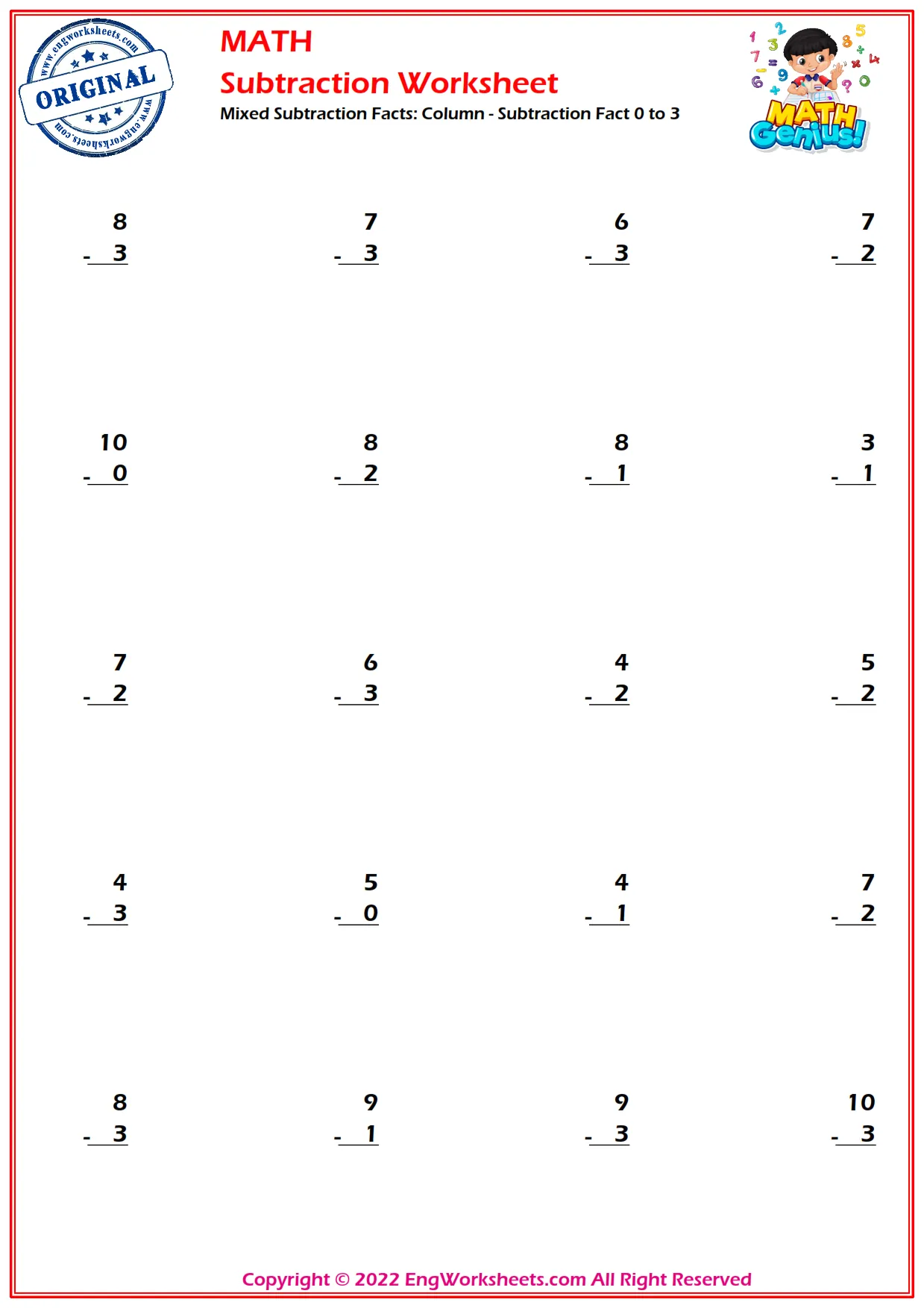 Mixed Subtraction Facts: Column - Subtraction Fact 0 to 3