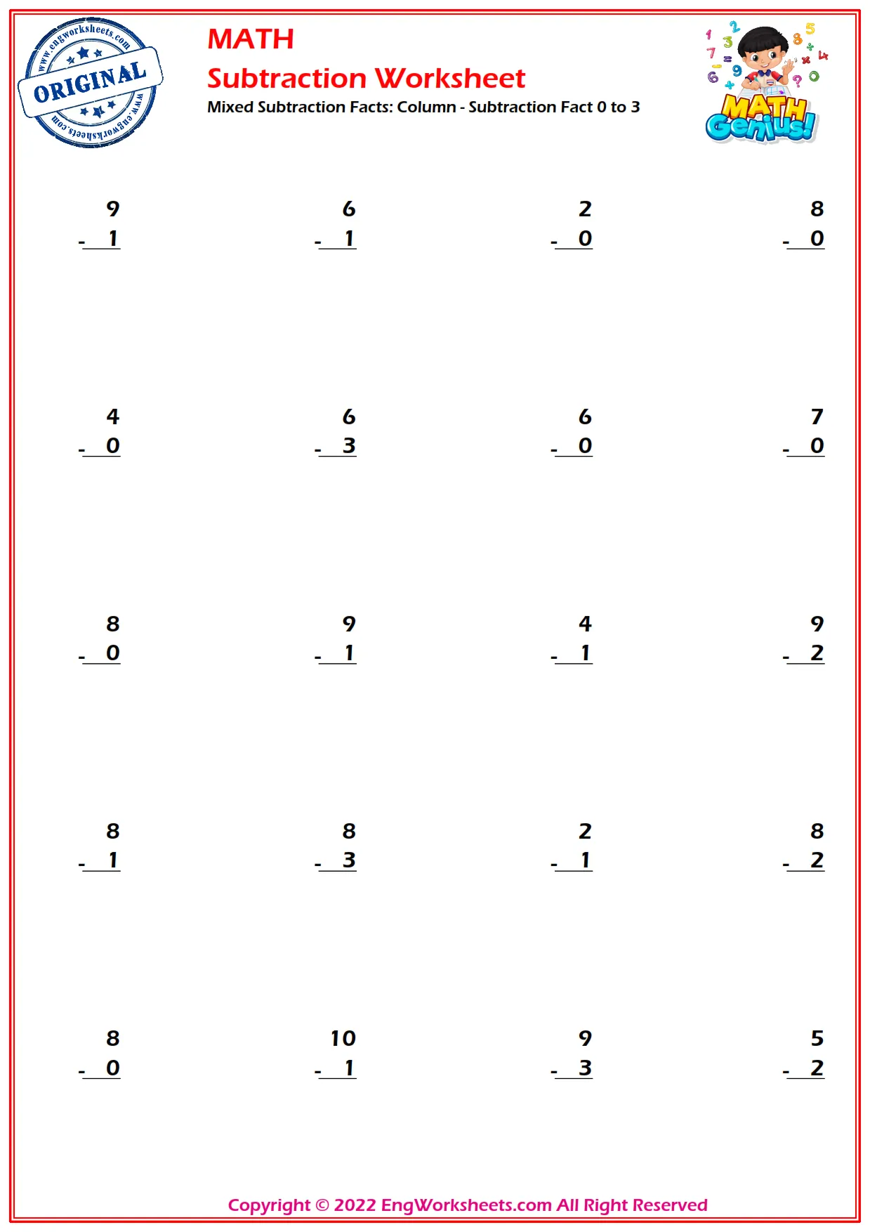 Mixed Subtraction Facts: Column - Subtraction Fact 0 to 3