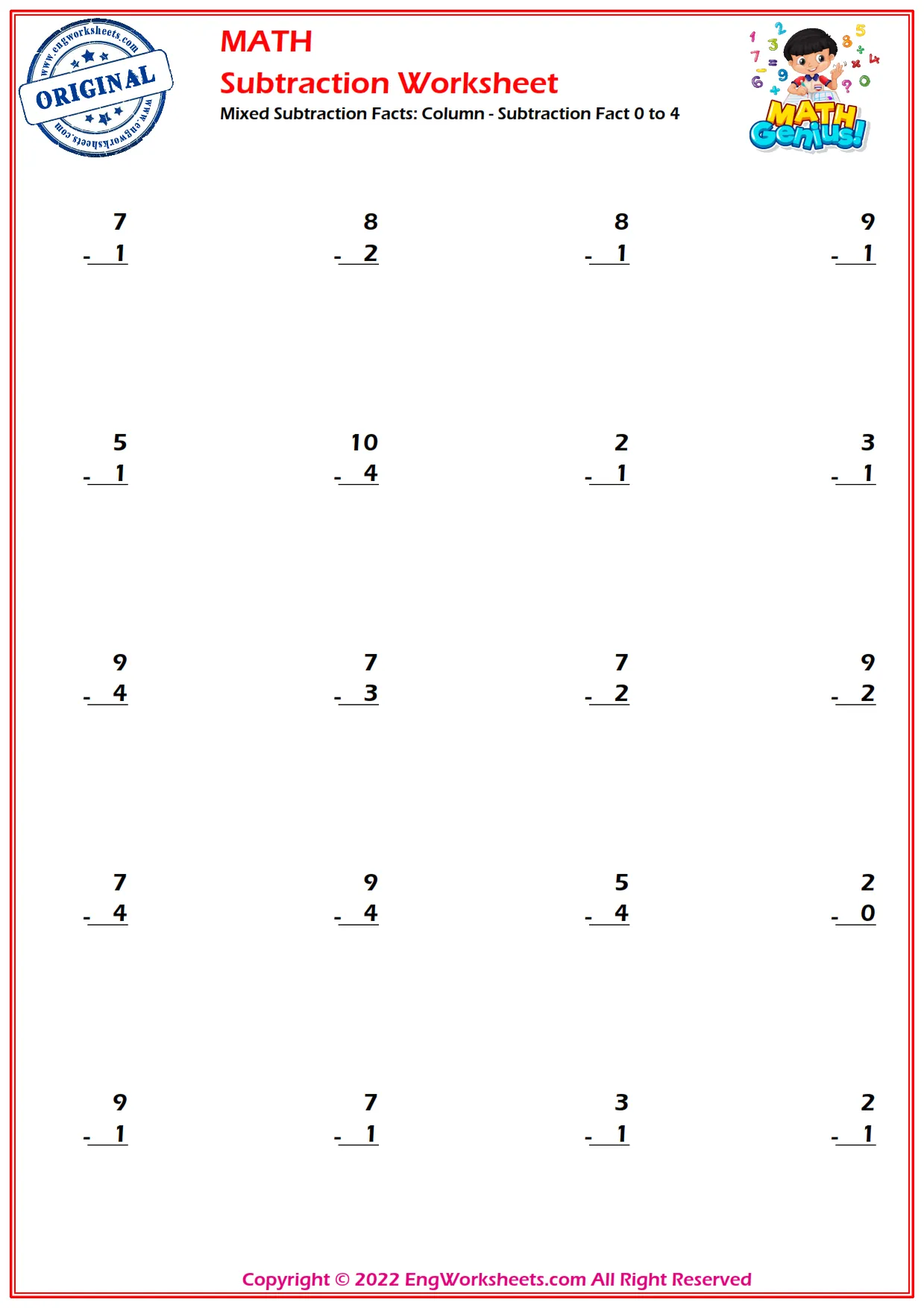 Mixed Subtraction Facts: Column - Subtraction Fact 0 to 4