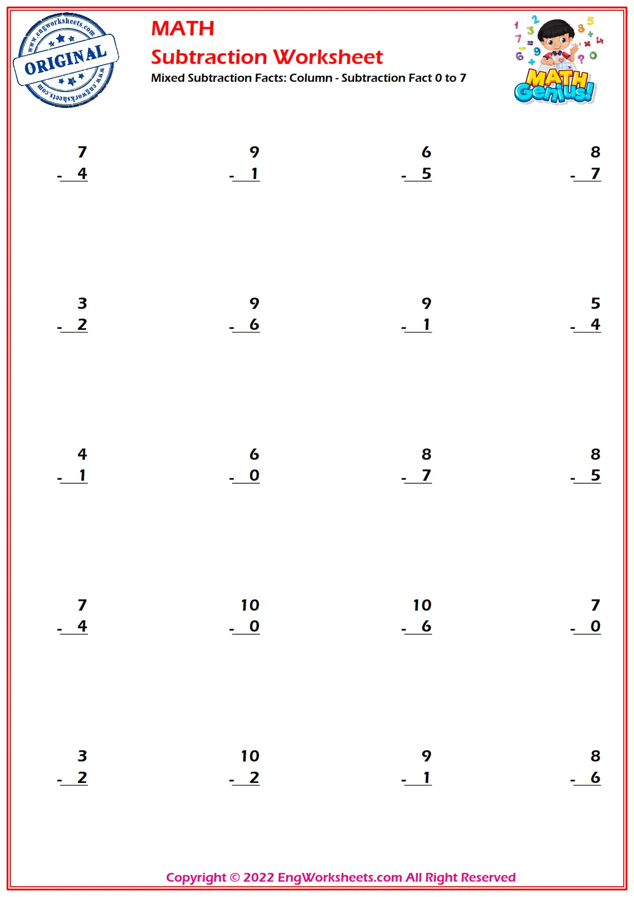 Mixed Subtraction Facts: Column - Subtraction Fact 0 to 7