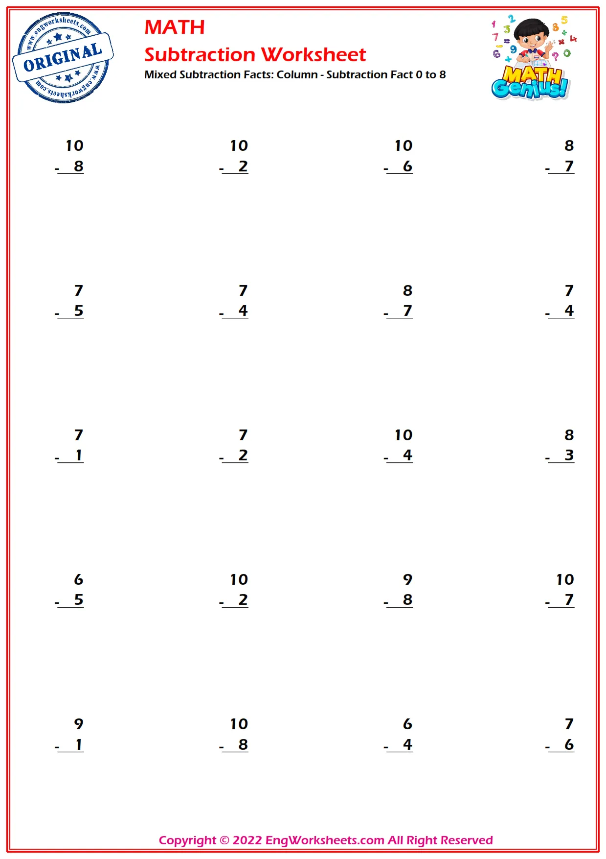 Mixed Subtraction Facts: Column - Subtraction Fact 0 to 8