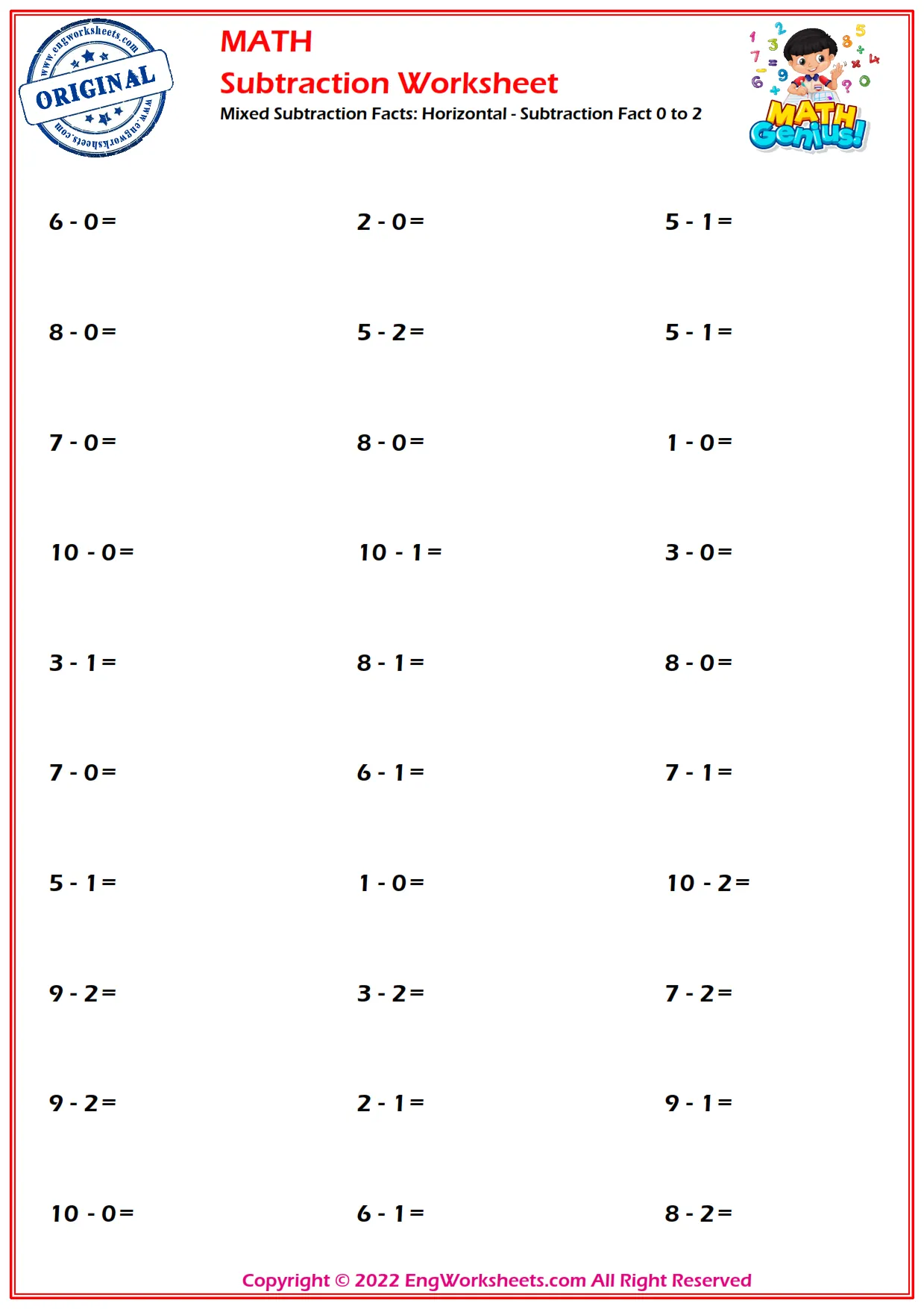 Mixed Subtraction Facts: Horizontal - Subtraction Fact 0 to 2