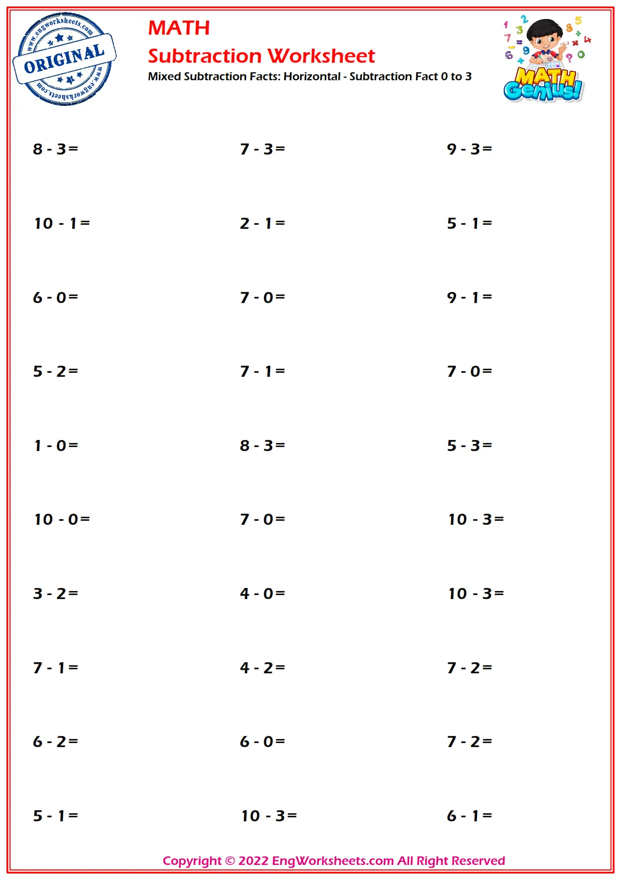 Mixed Subtraction Facts: Horizontal - Subtraction Fact 0 to 3