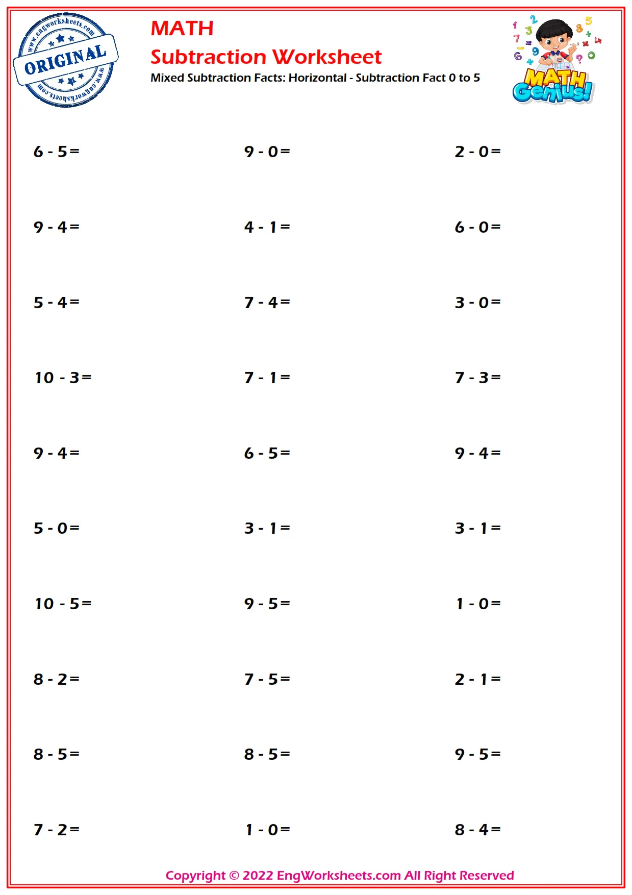 Mixed Subtraction Facts: Horizontal - Subtraction Fact 0 to 5
