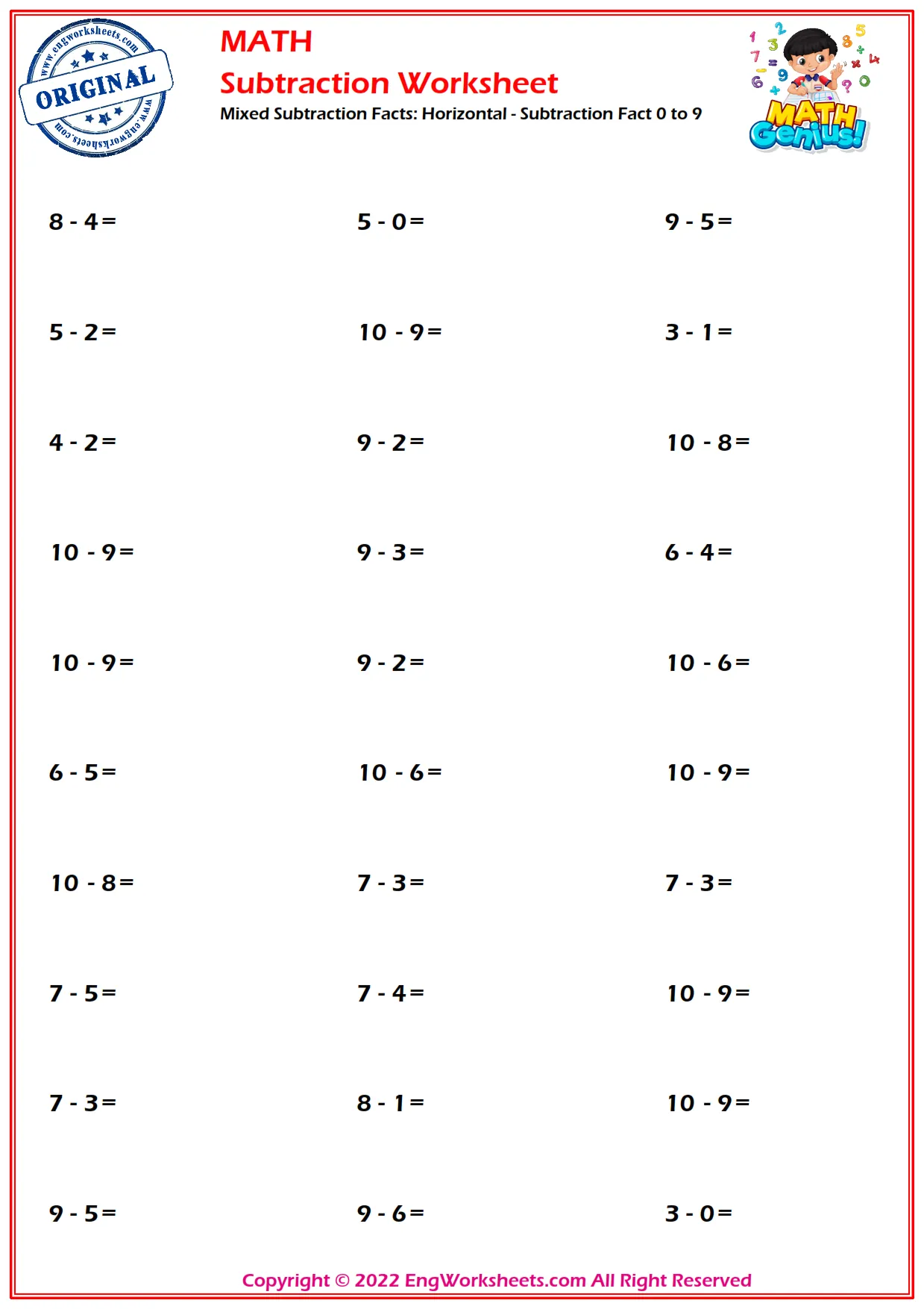 Mixed Subtraction Facts: Horizontal - Subtraction Fact 0 to 9
