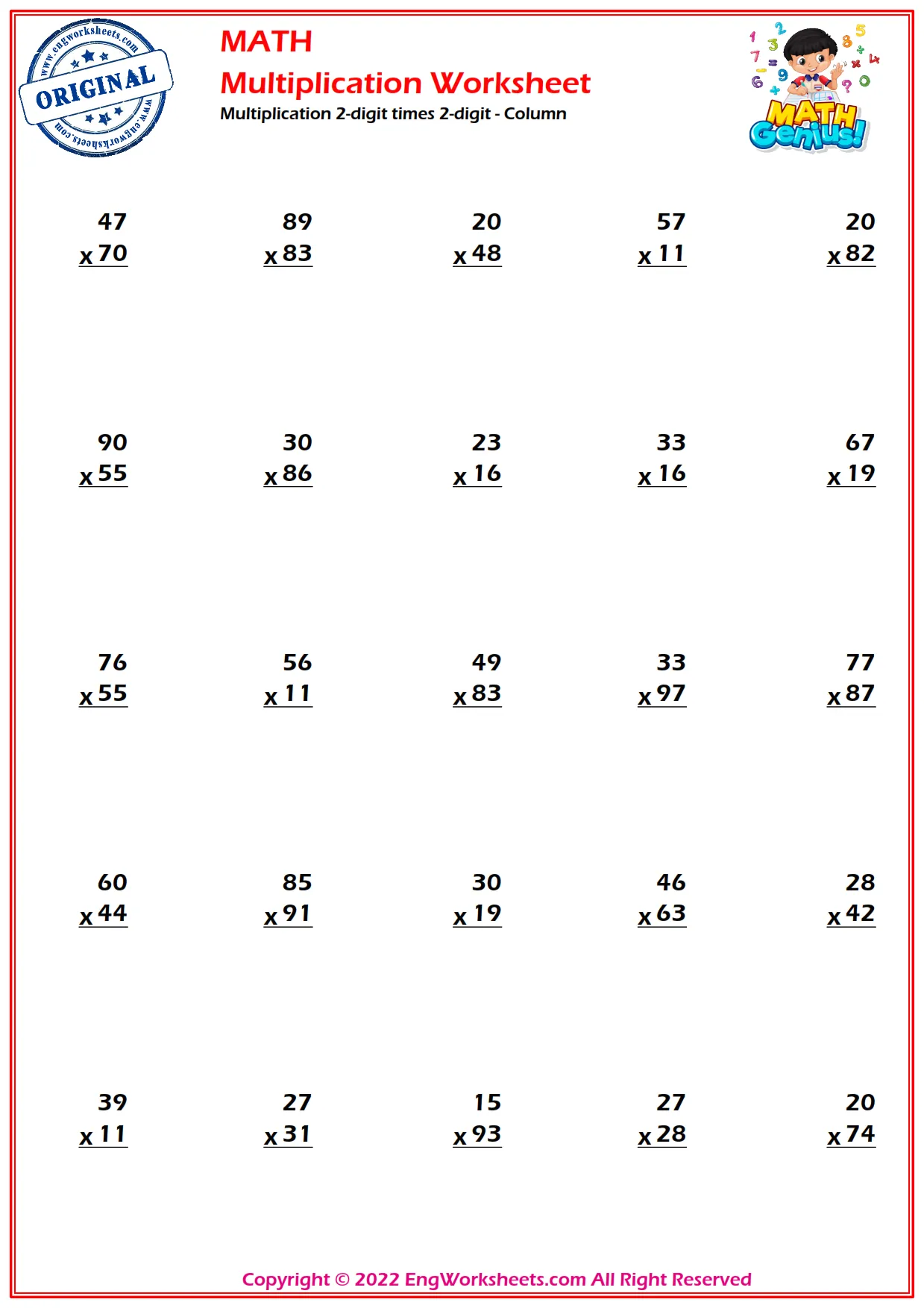 Multiplication 2-digit times 2-digit - Column