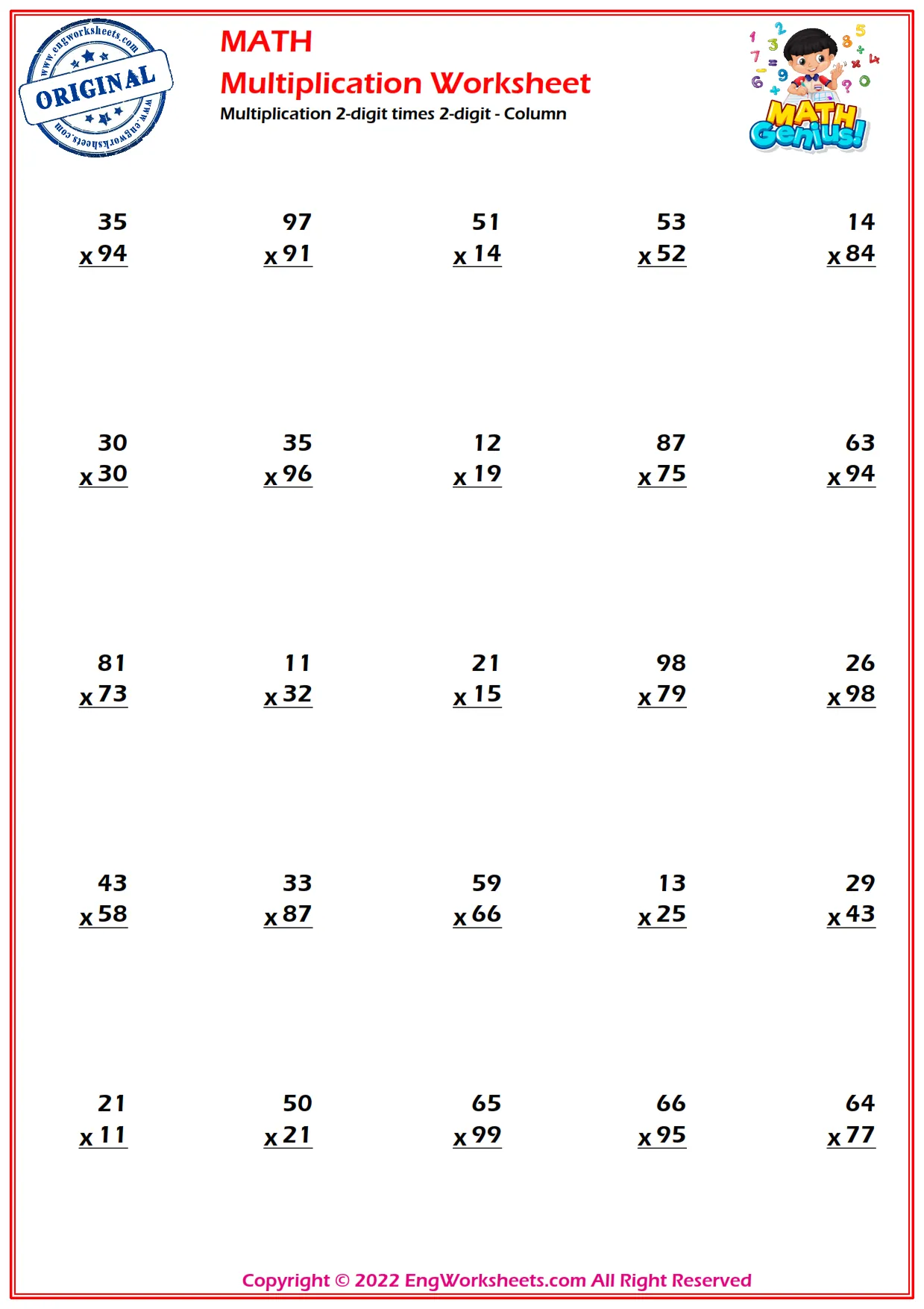 Multiplication 2-digit times 2-digit - Column