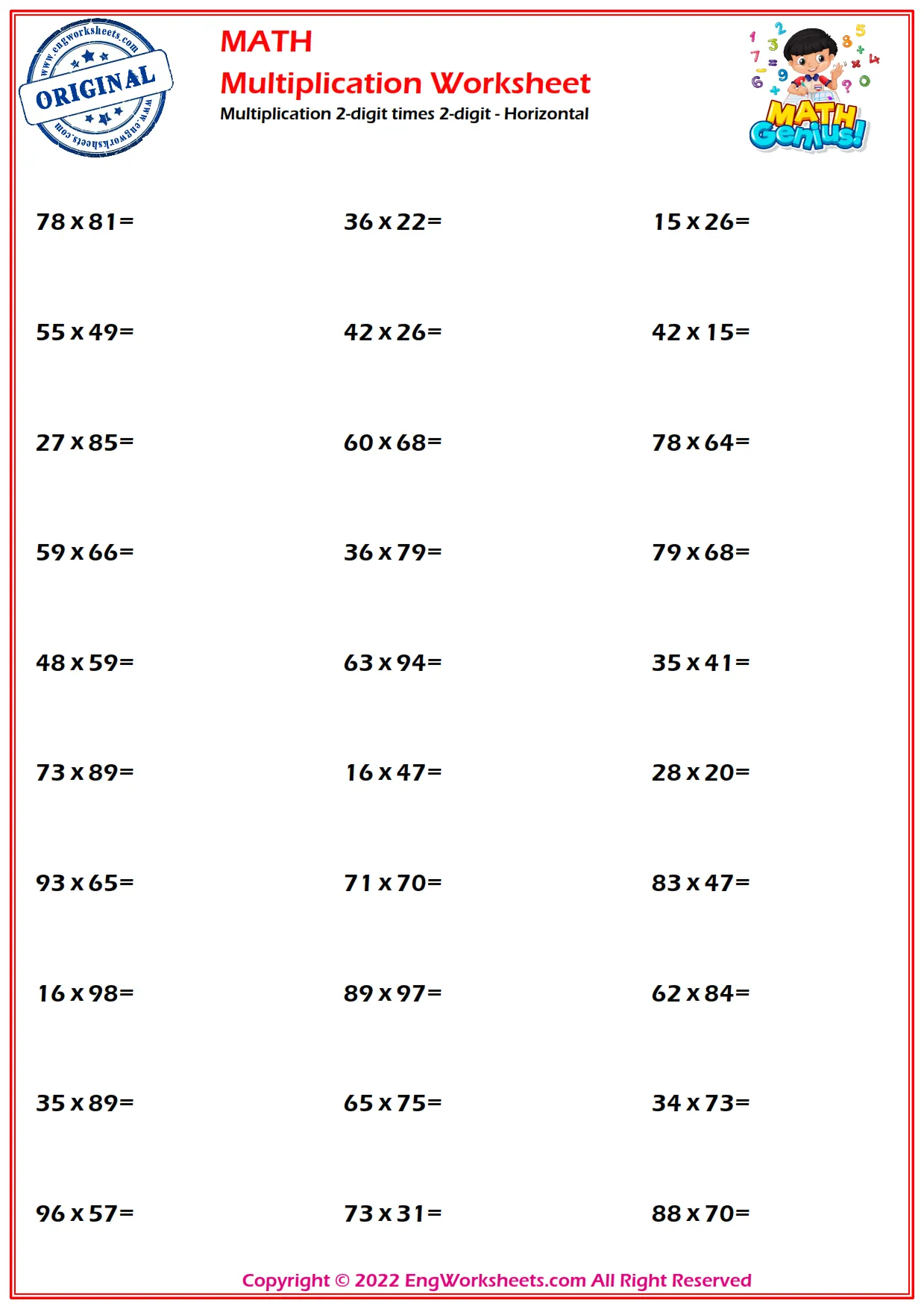 Multiplication 2-digit times 2-digit - Horizontal