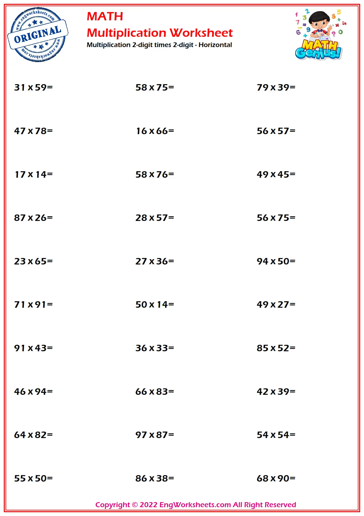 Multiplication 2-digit times 2-digit - Horizontal
